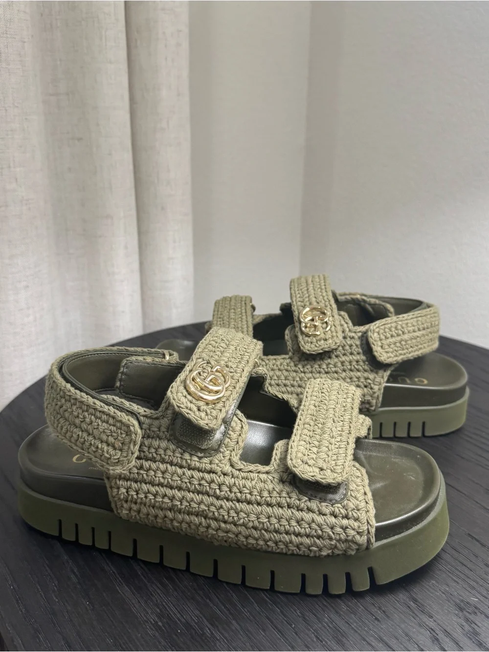 Gucci GG Crochet Platform Dad Strap Sandals Green 37
